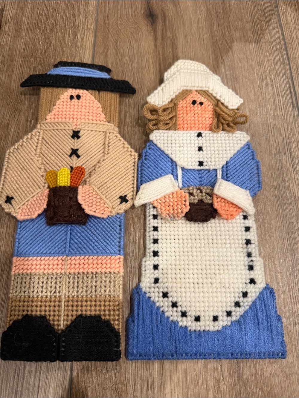 Vintage Handmade Blue and Cream Pilgrim Wall Decor Pair- 13 inches